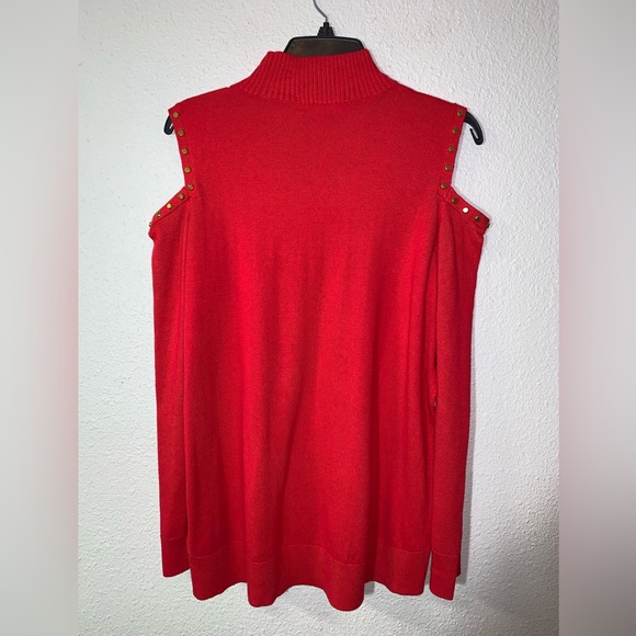 Michael Kors Red Holiday gold studded mock-neck cold shoulder Sweater L luxury - Picture 5 of 11